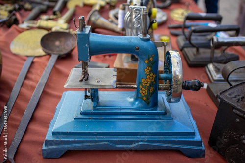  Old Vintage Ceramic Jugs. Close View Of Jugs In Shop Flea Market Of Antiques Old Retro Vintage Things. A Lot Of Old Things. Used Things. Second Hand Trading.
