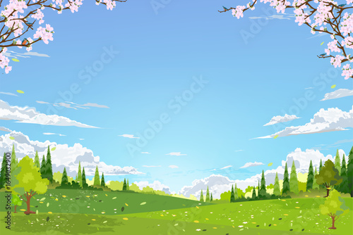 Sky blue, cloud for Spring background,Nature landscape in village with meadow, rural road on hill, cloudy in sunny,Vector cartoon Summer landscape countryside with mountains, wild flowers field