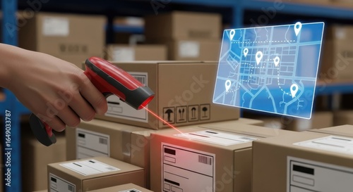 Warehouse Logistics and Tracking with Barcode Scanner and Digital Map Overlay Enhancing Supply Chain Management Efficiency and Package Delivery Tracking