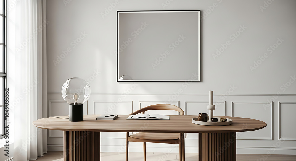 Obraz premium Modern minimalist dining room with oval wooden table and abstract art