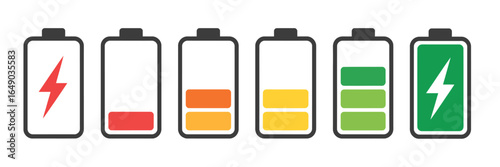 Battery charging levels icon set with energy indicators for power, efficiency, and technology display