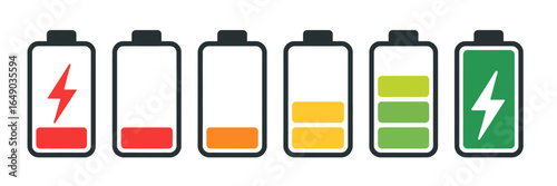 Battery charging levels icon set with energy indicators for power, efficiency, and technology display