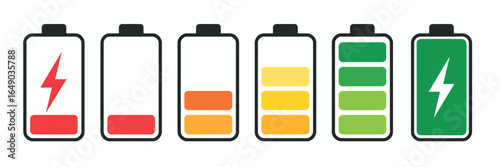 Battery icons at different charge levels representing energy usage and power efficiency concept