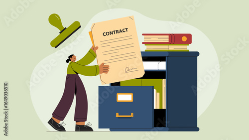office worker filing a signed contract into a cabinet vector illustration 
