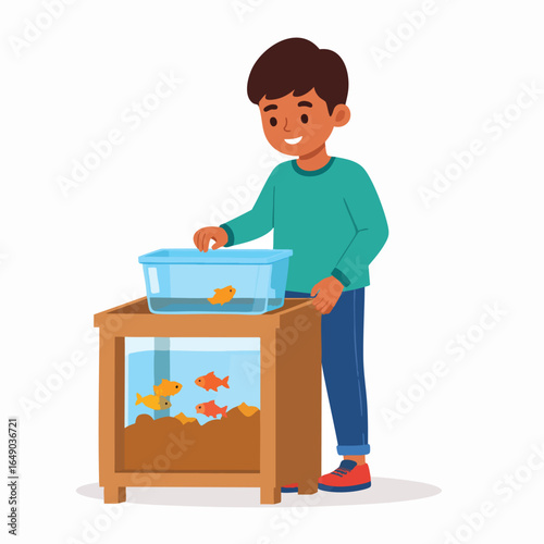 A young boy happily tending to his pet goldfish in their aquarium.