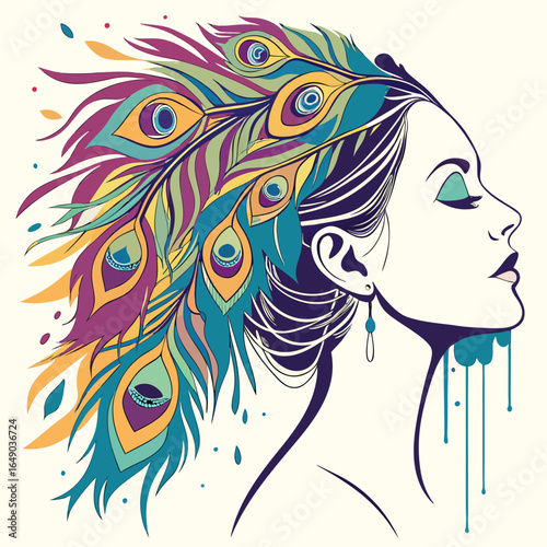An illustration shows a woman in profile with peacock feathers adorning her hair, against a white background. The image is one of many generative AI images uploaded to Adobe Stock.

