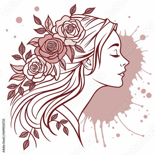 Line art drawing of a woman in profile with roses in her hair. The image is being prepared for submission as stock art.

