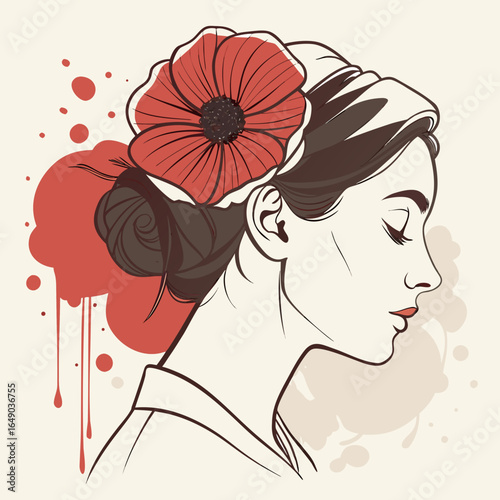 Vector illustration of a woman in profile with a poppy in her hair. The image is a stock vector, possibly for sale on Adobe Stock.

