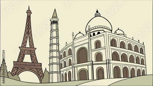 Eiffel Tower and Taj Mahal illustration. Famous world landmarks travel tourism concept. Global architecture vector.