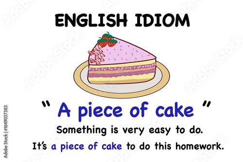 Hand drawn picture of cute cake. Educational illustration for teaching English Idiom. “A piece of cake” and its meaning and example sentence. Perfect for ESL materials, classroom language posters. 