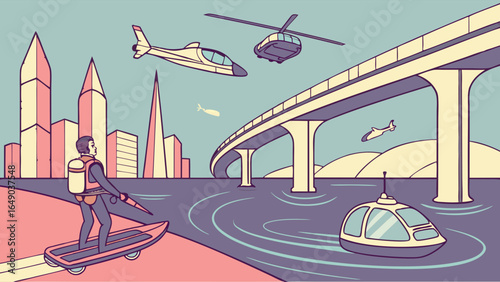 Futuristic city transport. Man on hoverboard, helicopters, monorail, and modern boat in a smart urban landscape. Future tech.