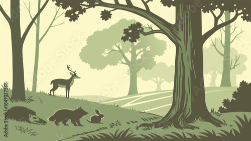 Peaceful forest landscape with wild animals illustration. Woodland nature scene featuring deer, badger, and rabbit vector art.