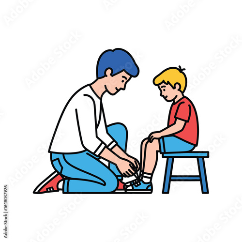 A kind father meticulously ties his son's shoelaces while the boy sits patiently on a stool, illustrating a moment of care and everyday life.