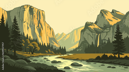 Yosemite Valley national park landscape illustration. Majestic mountains, river, pine trees, and waterfall at sunset.