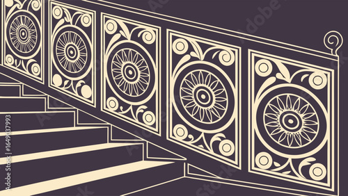 Elegant ornate staircase railing design. Classic decorative banister pattern for luxury interior architecture and vintage home decor.