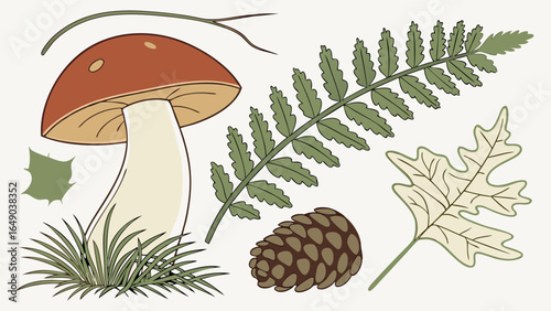 Woodland forest nature elements collection with mushroom, fern, pine cone, and leaves for autumn design.