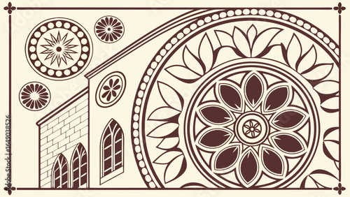 Gothic church architecture with rose window illustration. Medieval cathedral facade vector art, religious building design.