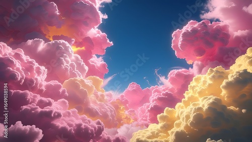 A vibrant photograph of a sky filled with large, fluffy clouds in shades of pink, purple, and yellow, with a deep blue sky in the background