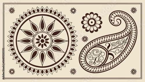 Elegant Indian paisley and mandala vector design elements. Ethnic floral pattern, traditional mehndi art, decorative background.