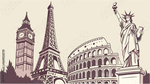 World travel landmarks illustration. Iconic monuments including Eiffel Tower Big Ben Colosseum Statue of Liberty global tourism.