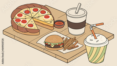 Delicious fast food combo meal pepperoni pizza cheeseburger french fries milkshake soda on wooden tray Unhealthy lunch