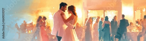 A romantic dance scene at a vibrant celebration, featuring a couple in formal attire amidst elegantly dressed guests in a festive atmosphere.