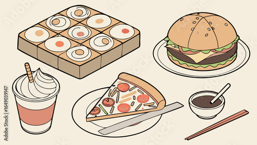 Fast food and breakfast items set. Burger, pizza, egg toast, coffee drink, and Asian dipping sauce.