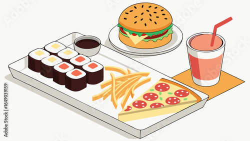 Popular fast food variety with sushi, pizza, burger, french fries, and a drink. Unhealthy takeout meal concept.