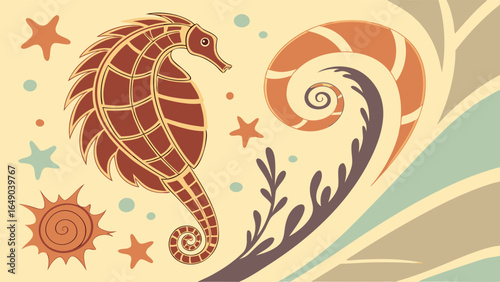 Vintage seahorse and nautilus marine illustration. Ocean life design with starfish, sun, and waves. Decorative underwater art.