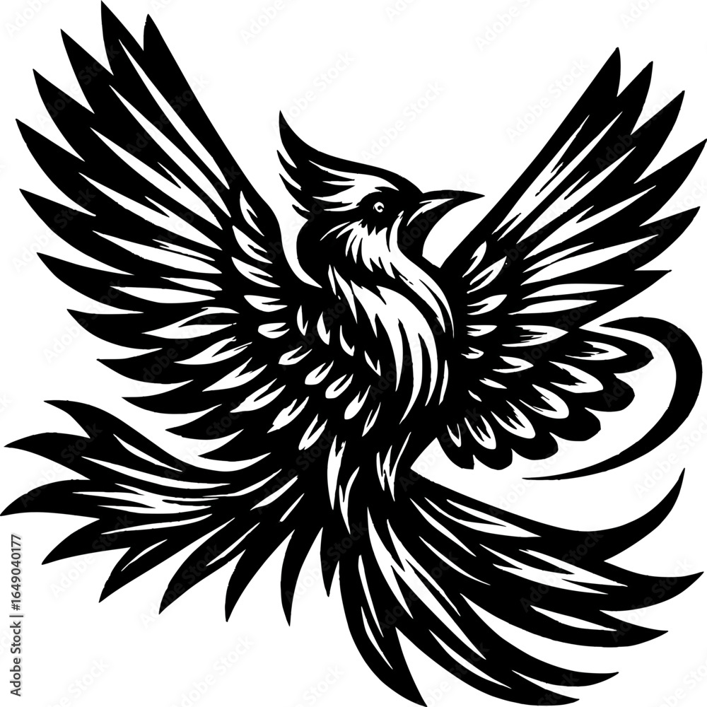 Obraz premium Illustrative Phoenix Soaring: A meticulously crafted illustration showcases a phoenix bird in full flight, its elegant wings spread wide.