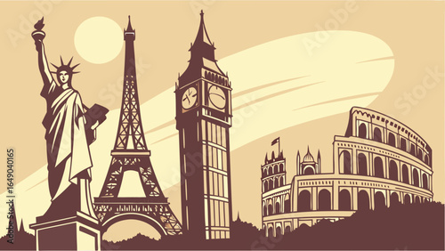 Iconic World Landmarks Vintage Travel Illustration. Global Tourism, Vacation, and Adventure Journey Concept.