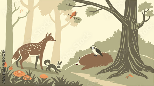 Whimsical forest animals illustration. Peaceful woodland scene with deer, rabbit, echidna, and birds. Nature wildlife.