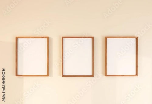Three empty wooden frames on a beige wall Minimalist home decor, blank canvas mockup,  wall art,  art mockup