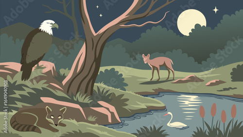 Peaceful wildlife scene with bald eagle, deer, raccoon, and swan by a moonlit river in a forest at night.