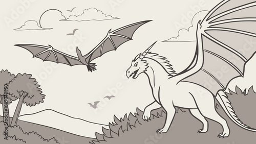 Fantasy dragon and prehistoric pterodactyl flying in a mythical landscape. Ancient creatures in a mountain sky.