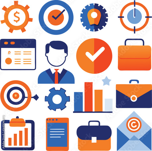 Collection of business and finance icons representing goals strategy success and professionalism in a clean flat design style
