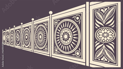 Ornate decorative fence railing panels with traditional geometric floral patterns. Classic architectural border design.