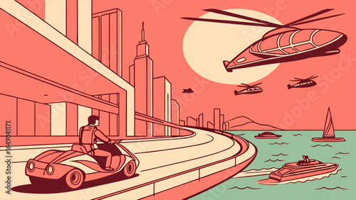 Smart city of the future with advanced transportation, flying vehicles, and boats. Modern urban lifestyle illustration.