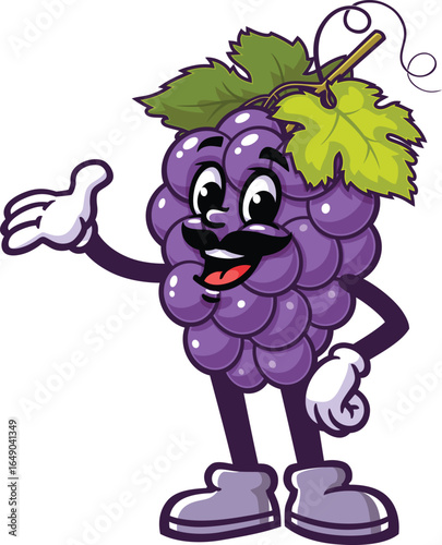 Cartoon mascot of grapes with a mustache