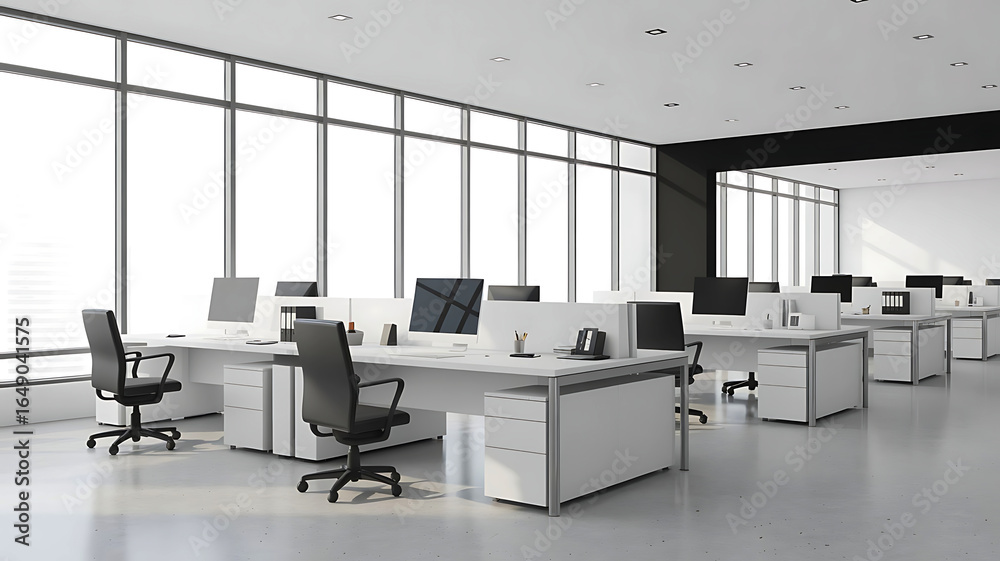 Fototapeta premium Modern empty office space with large windows and rows of desks and chairs