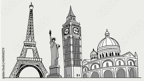 World famous travel landmarks black and white line art illustration for global tourism and international destinations.