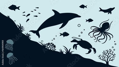 Underwater marine life silhouettes. Ocean animals including dolphin, octopus, sea turtle, fish, and jellyfish.