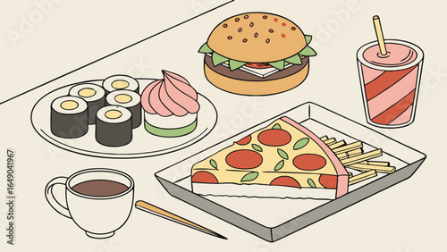 Variety of fast food items: pizza, burger, sushi, fries, dessert, coffee, and a drink. Unhealthy meal illustration.