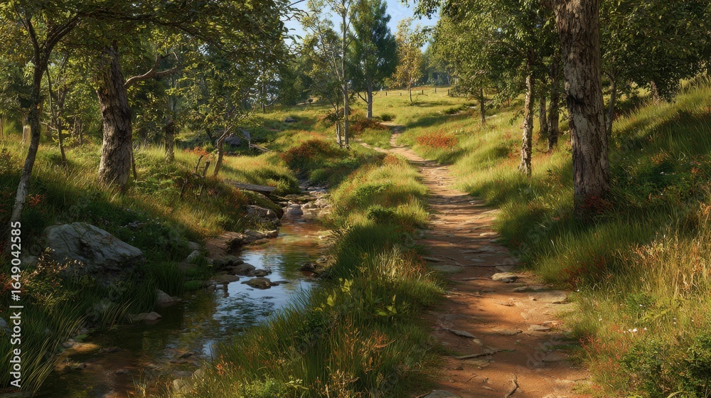 Fototapeta premium A vibrant forest scene showcases lush greenery, sunlight filtering through the trees, and a winding trail, creating a tranquil atmosphere.