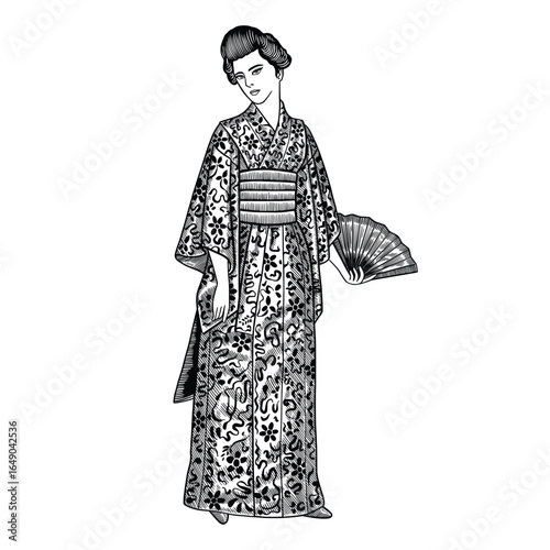 Vintage Japanese Woman in Kimono – Traditional Geisha Illustration in Engraving Style