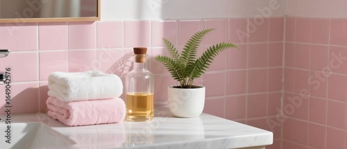 Pink-tiled bathroom countertop with neatly folded towels, a small potted fern, and a glass bottle