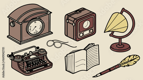Vintage retro antique objects collection. Old fashioned classic items for history, education, writing illustration.
