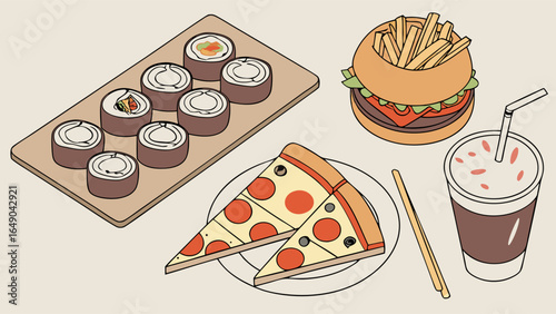 Junk food and fast food collection with burger, pizza, sushi, fries, and drink. Unhealthy takeaway meal set. Isometric vector.