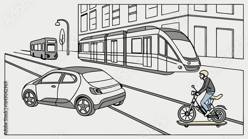 City street urban transport illustration with car, bus, tram, and electric scooter. Modern mobility line art.
