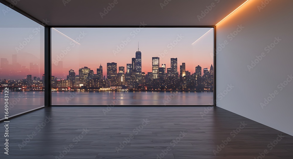 Obraz premium Sleek Penthouse Corner Window Framing the Manhattan Skyline at Twilight